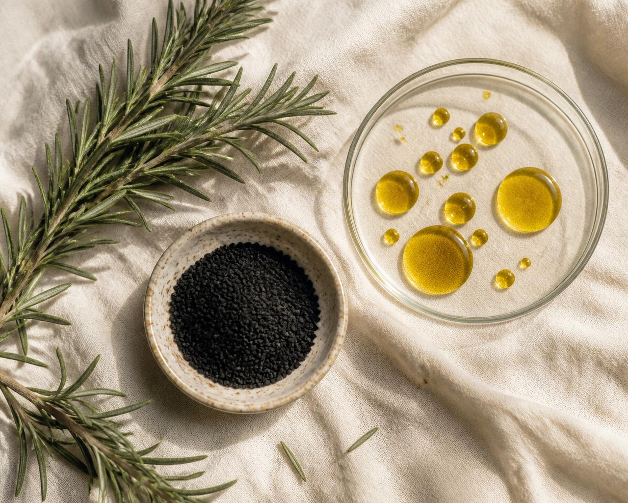 Fresh rosemary and kalonji seeds beside golden oil