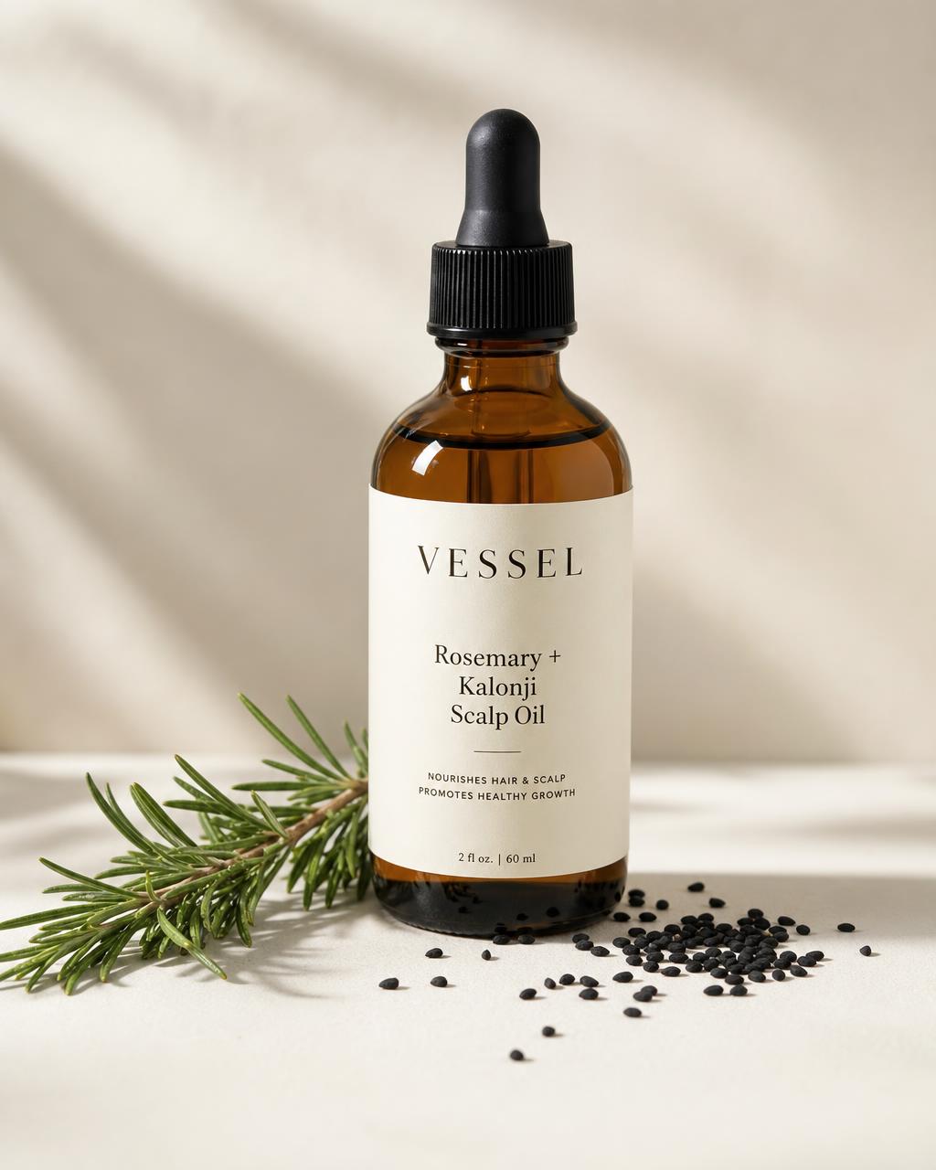 Vessel Rosemary + Kalonji Scalp Oil, 60ml amber dropper bottle